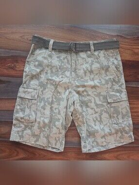 U.S. Trademark Plugg Co. Men's Camo Cargo Shorts Size 34 With Belt- Gray Green